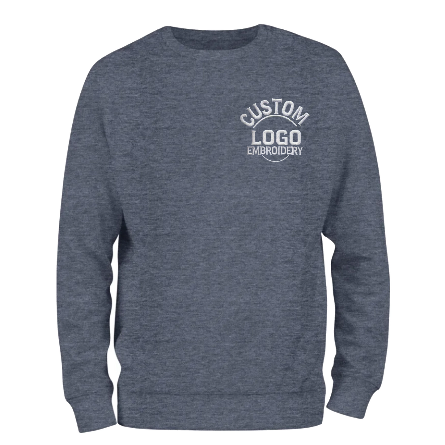 a blue sweatshirt with a custom logo on it