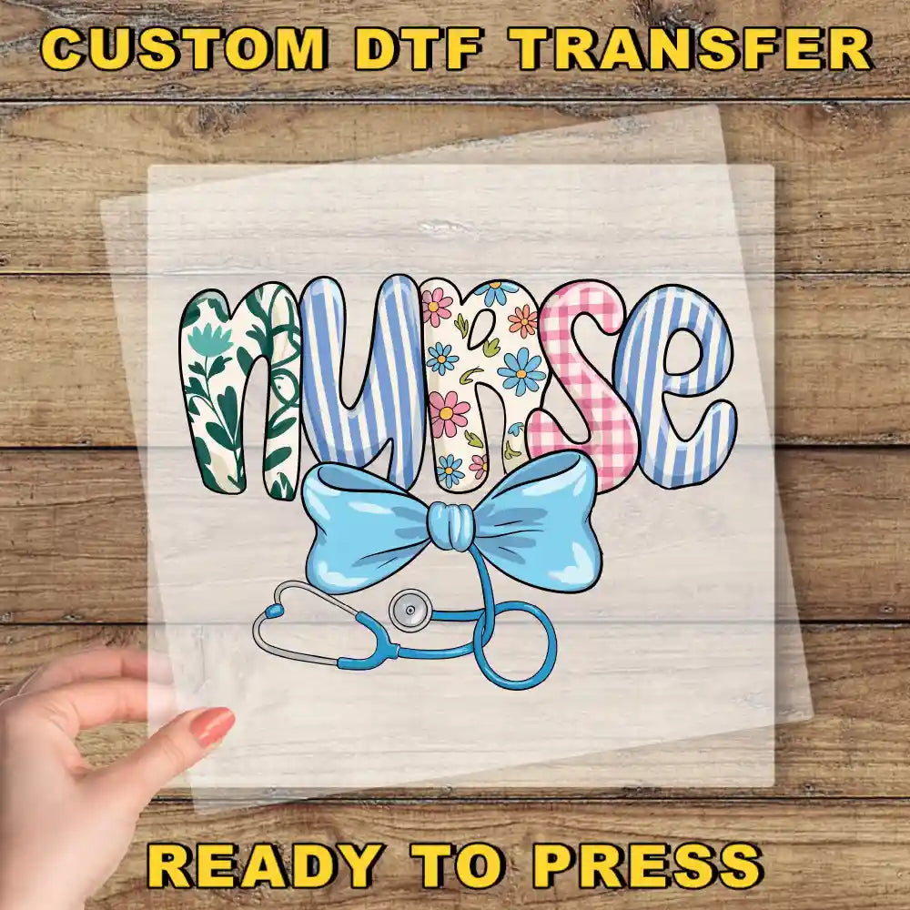 a hand holding a transparent sheet with the word "NURSE" written on it, along with a stethoscope and a bow tie.