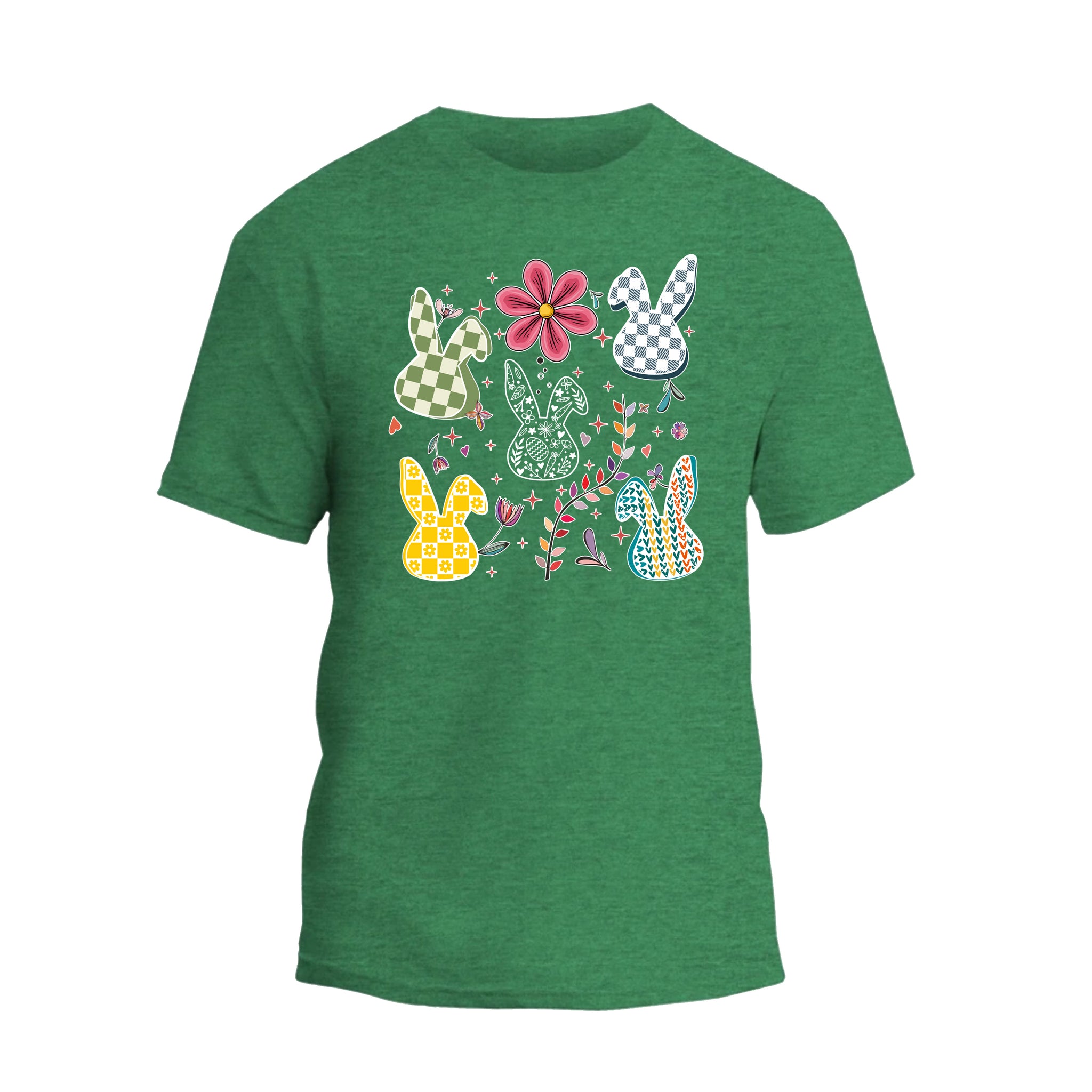 a green t - shirt with an image of a bunny and flowers on it