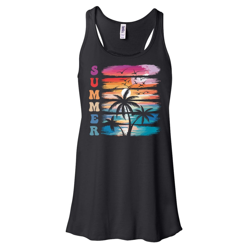 A black tank top with a graphic design depicting a palm tree and a sunset with birds in the sky.