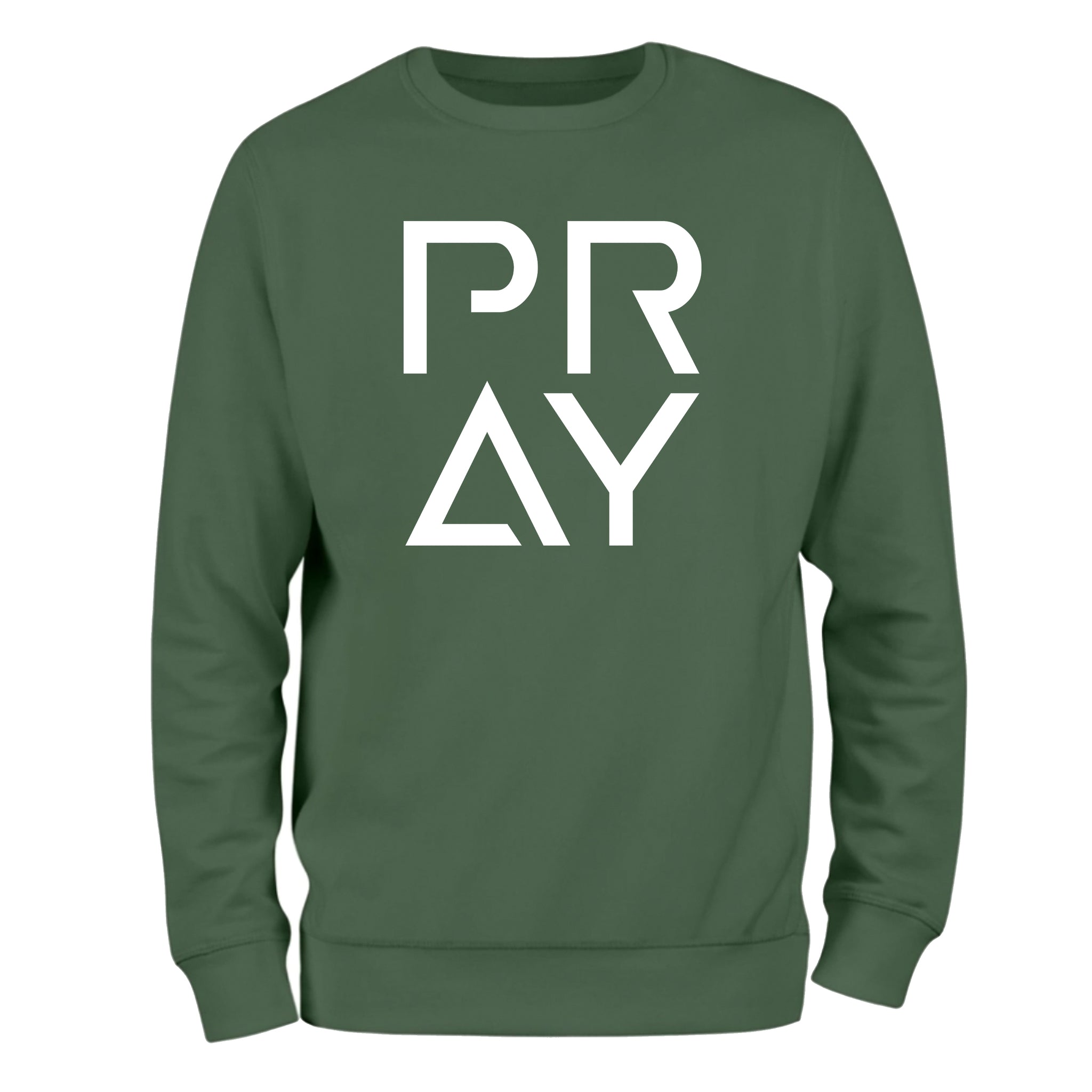 a green sweatshirt with the words pray printed on it