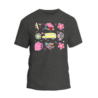 a t - shirt with a school bus and flowers on it