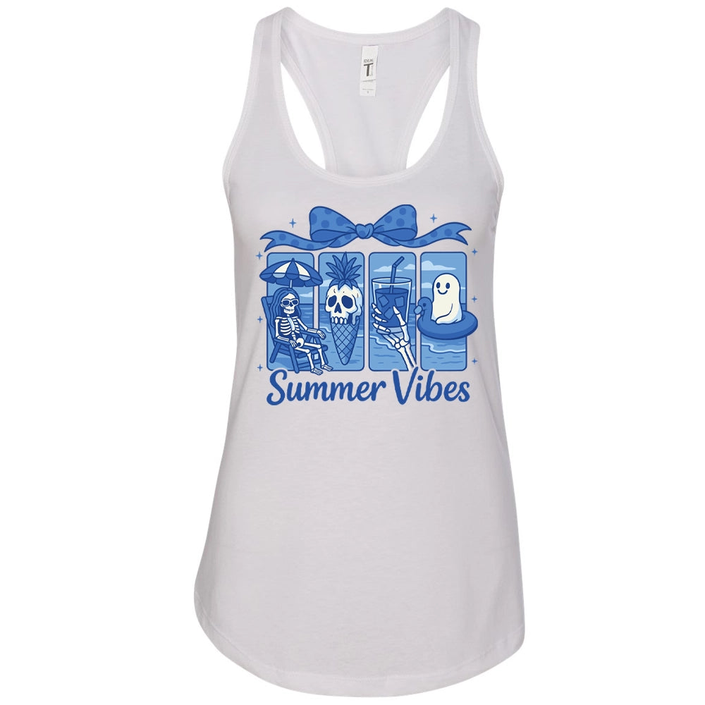 A white tank top with a graphic design featuring a skeleton, a ghost, and a pineapple, along with the text "Summer Vibes" below the image.