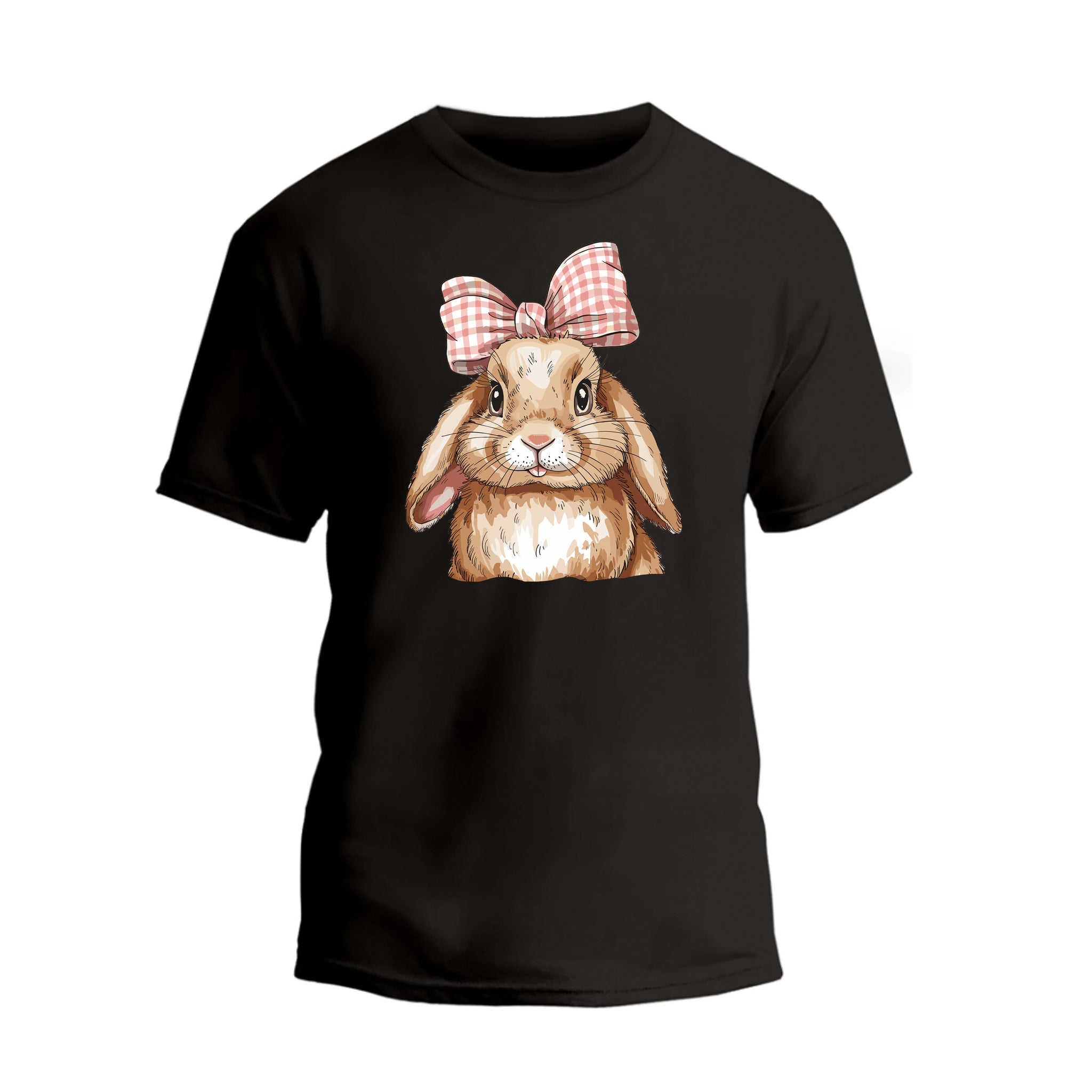 a black t - shirt with a cartoon rabbit wearing a bow