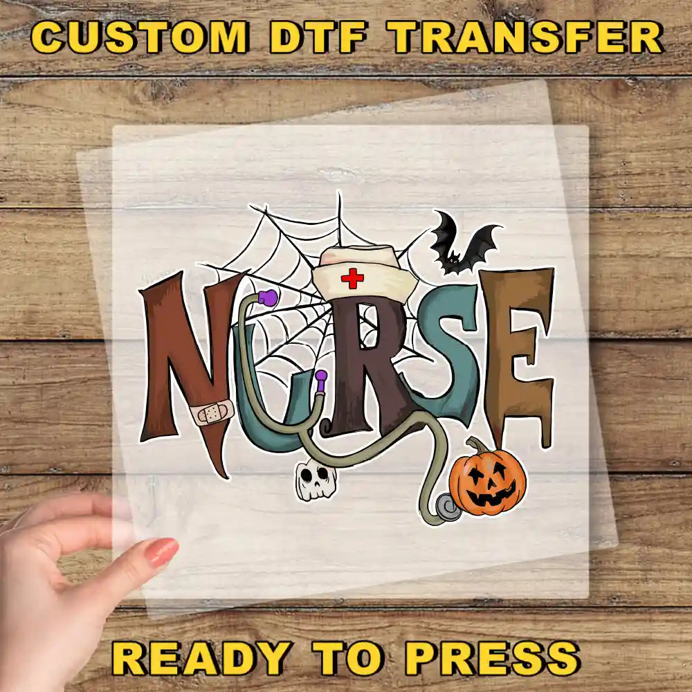 a hand holding a piece of paper with a custom DTF transfer design that says "NURSE" in a creative and playful manner.
