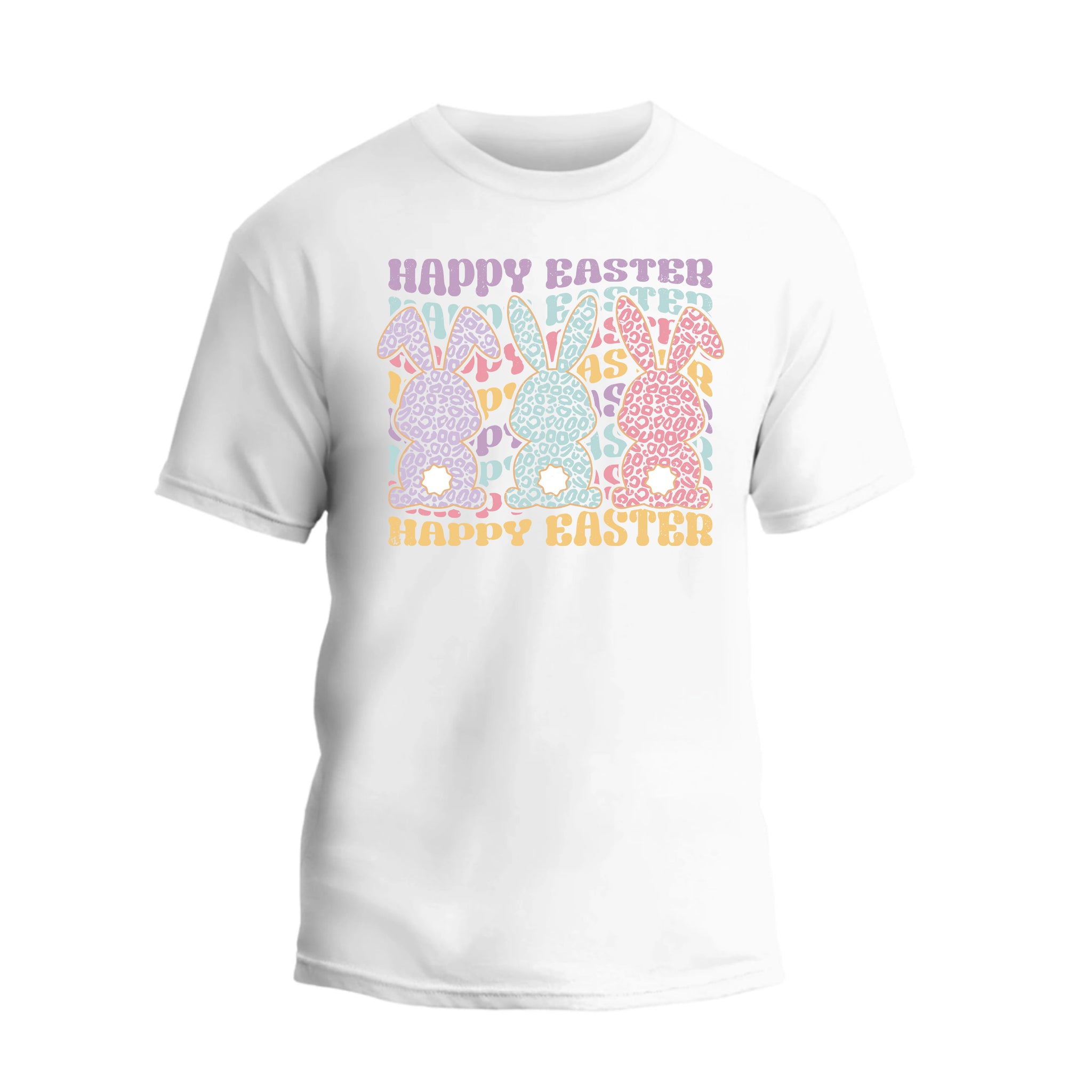 a white t - shirt that says happy easter