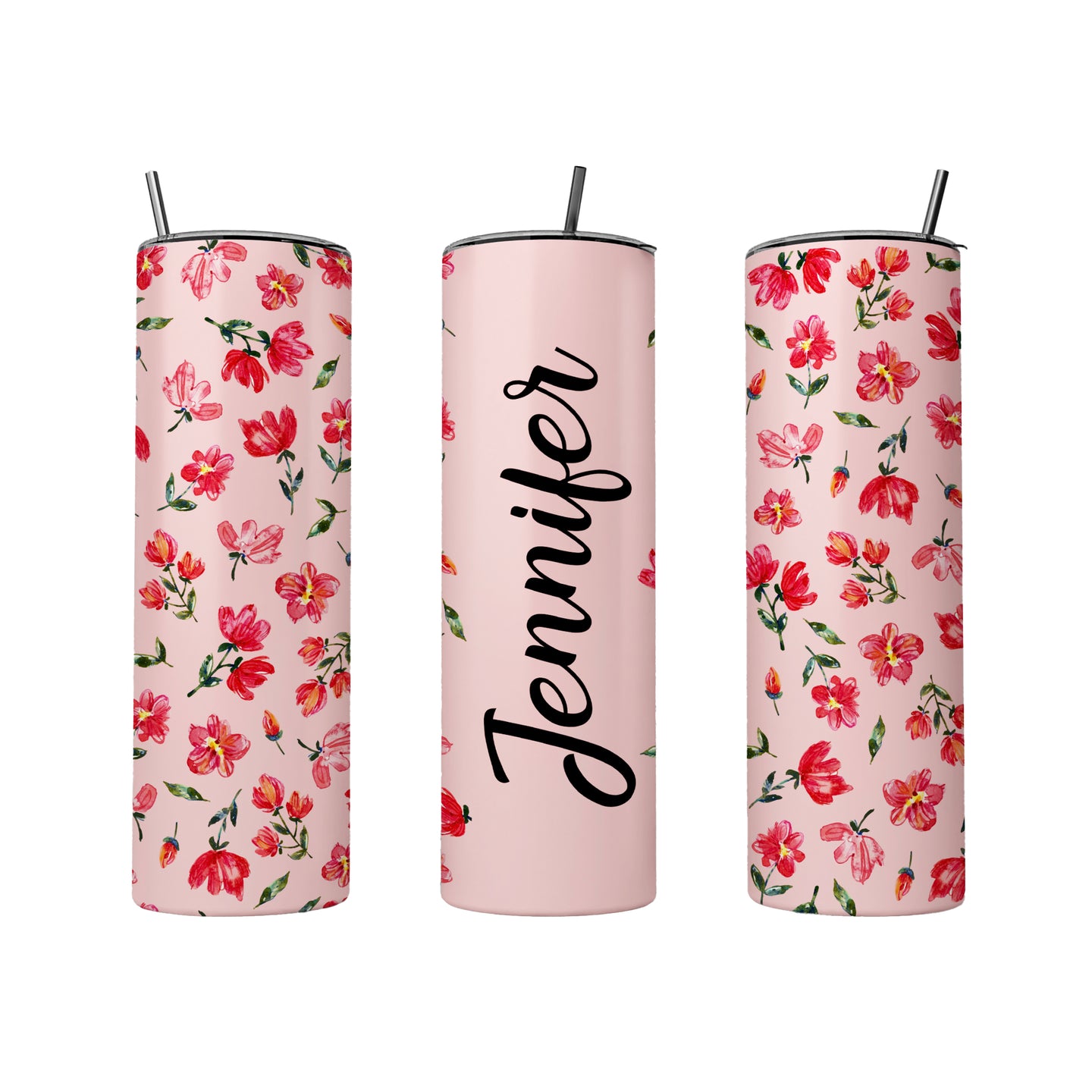 Pink Flower Custom Name Tumbler, Personalized Tumbler With Name