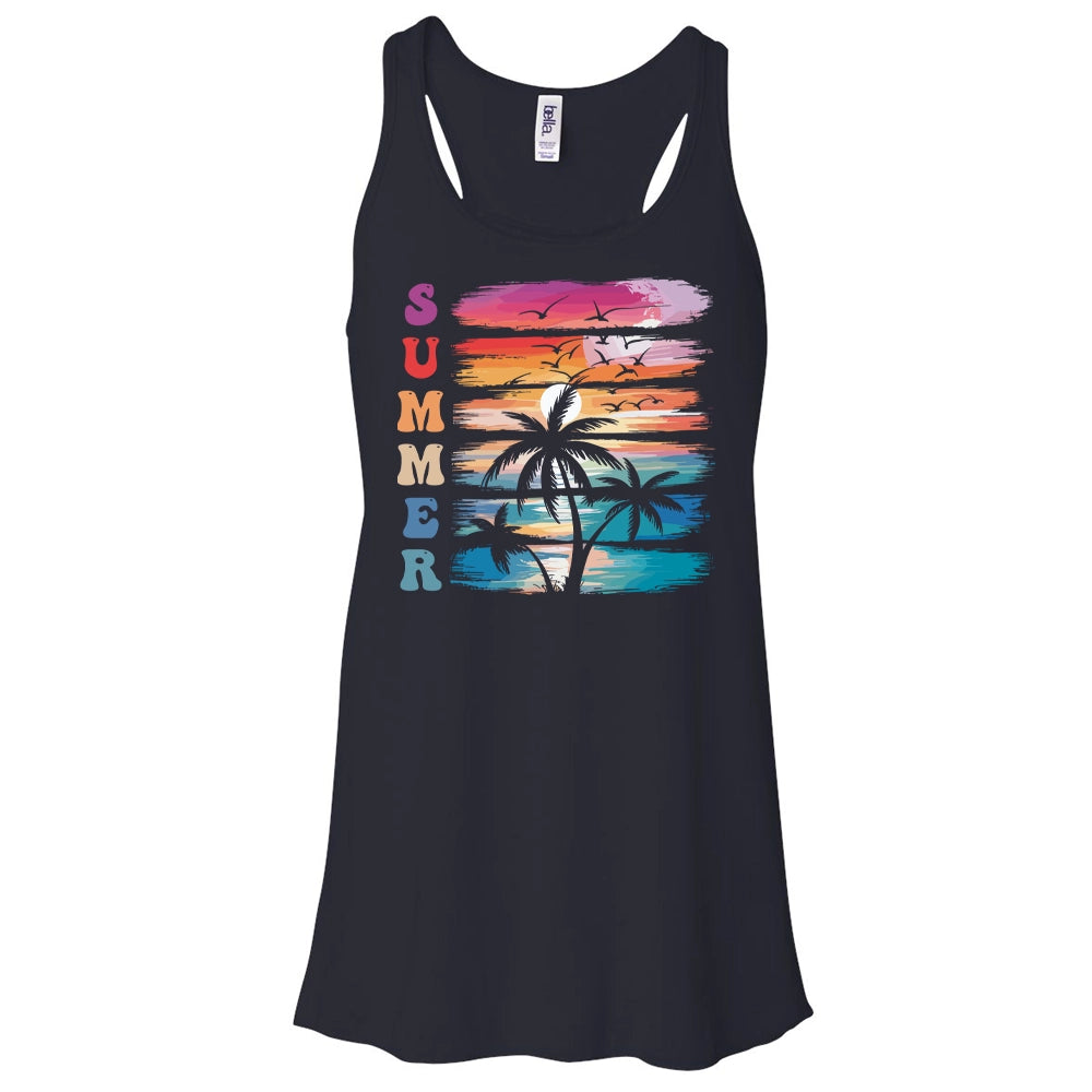 A black tank top with a graphic design depicting a sunset with palm trees and birds.