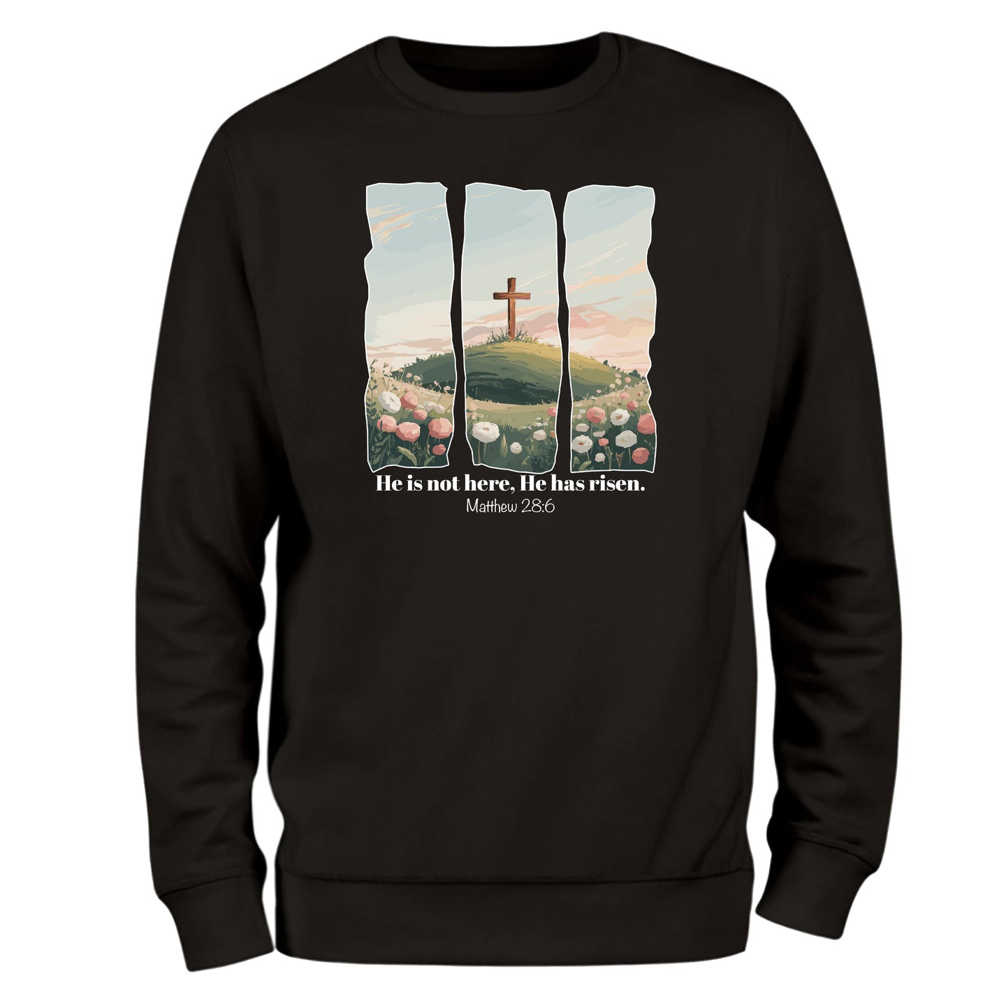 a black sweatshirt with a picture of a cross on it