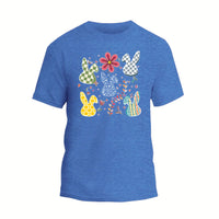 a blue t - shirt with an image of a rabbit and flowers on it