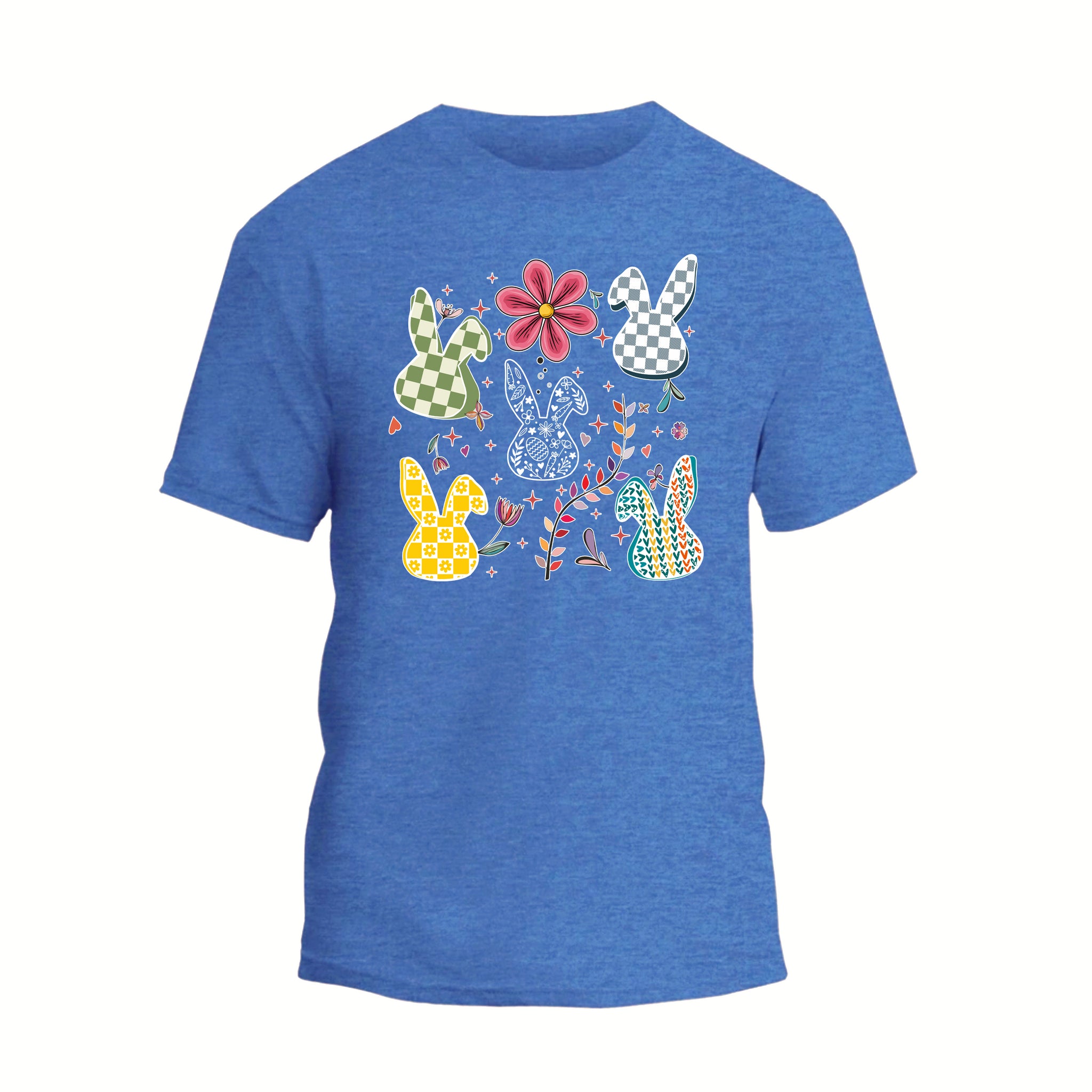 a blue t - shirt with an image of a rabbit and flowers on it