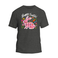 a t - shirt that says happy easter with an image of a bunny