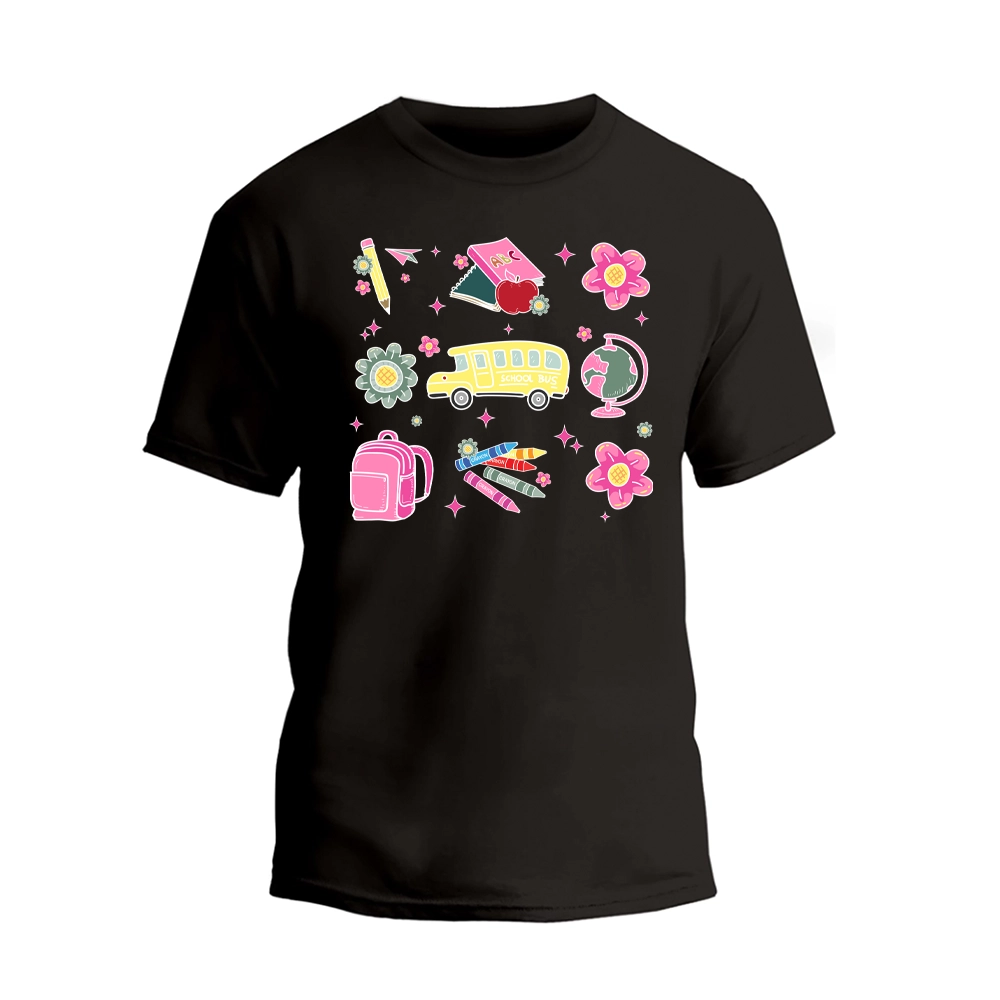 a black t - shirt with a school bus and school supplies