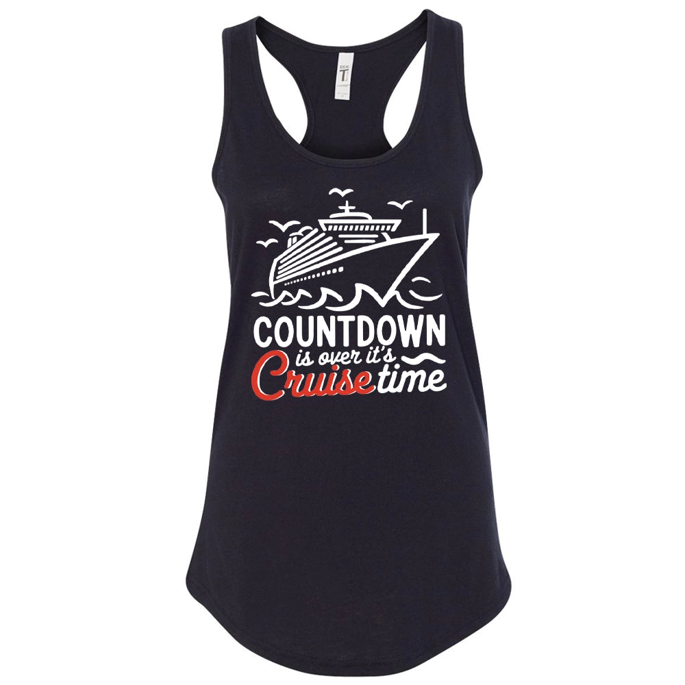 A black tank top with a graphic design depicting a cruise ship and the text "COUNTDOWN is over it's Cruise time" printed on it.