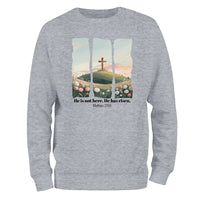 a grey sweatshirt with a picture of a cross on it