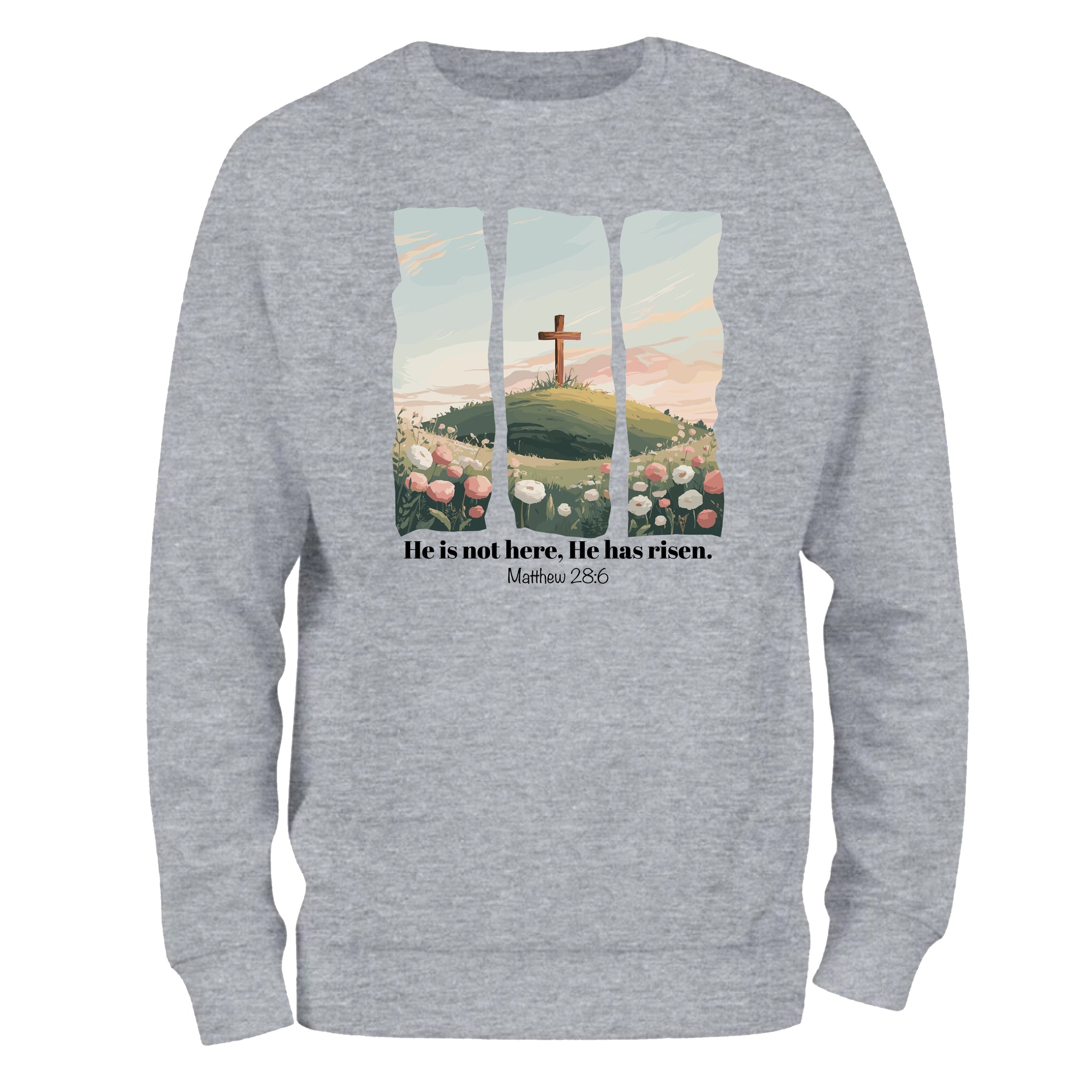 a grey sweatshirt with a picture of a cross on it