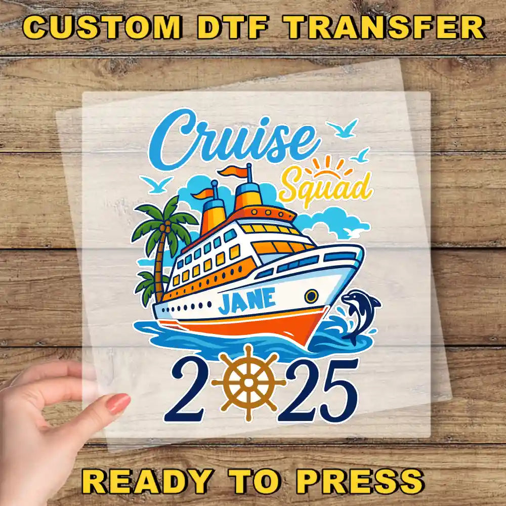 The image is a promotional poster for a cruise ship named "Cruise Squad" named "JANE" and it features a hand holding a transparent sheet with the cruise ship illustration.