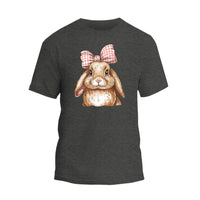a gray t - shirt with a brown rabbit wearing a bow