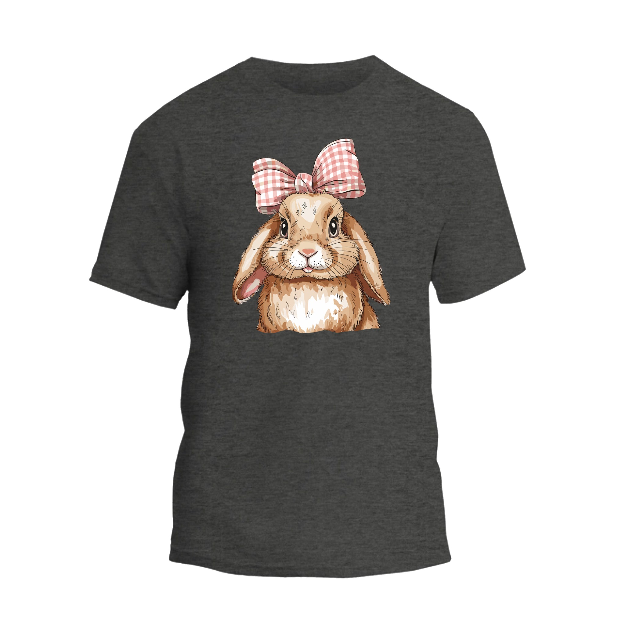a gray t - shirt with a brown rabbit wearing a bow