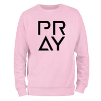 a pink sweatshirt with the word pray printed on it