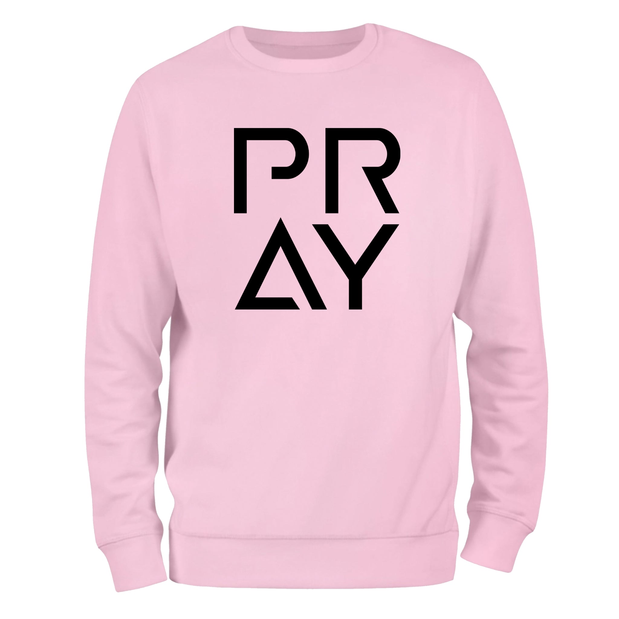 a pink sweatshirt with the word pray printed on it