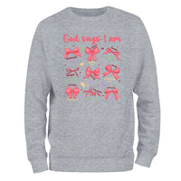 a grey sweatshirt with pink bows on it