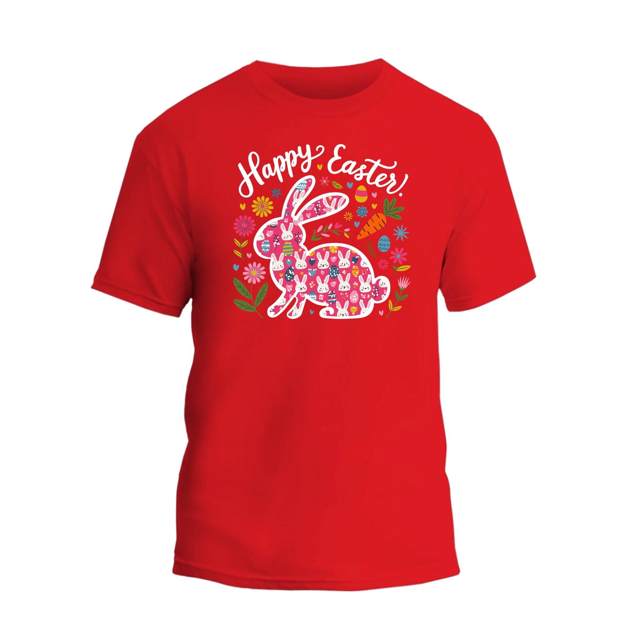 a red t - shirt with the words happy easter on it