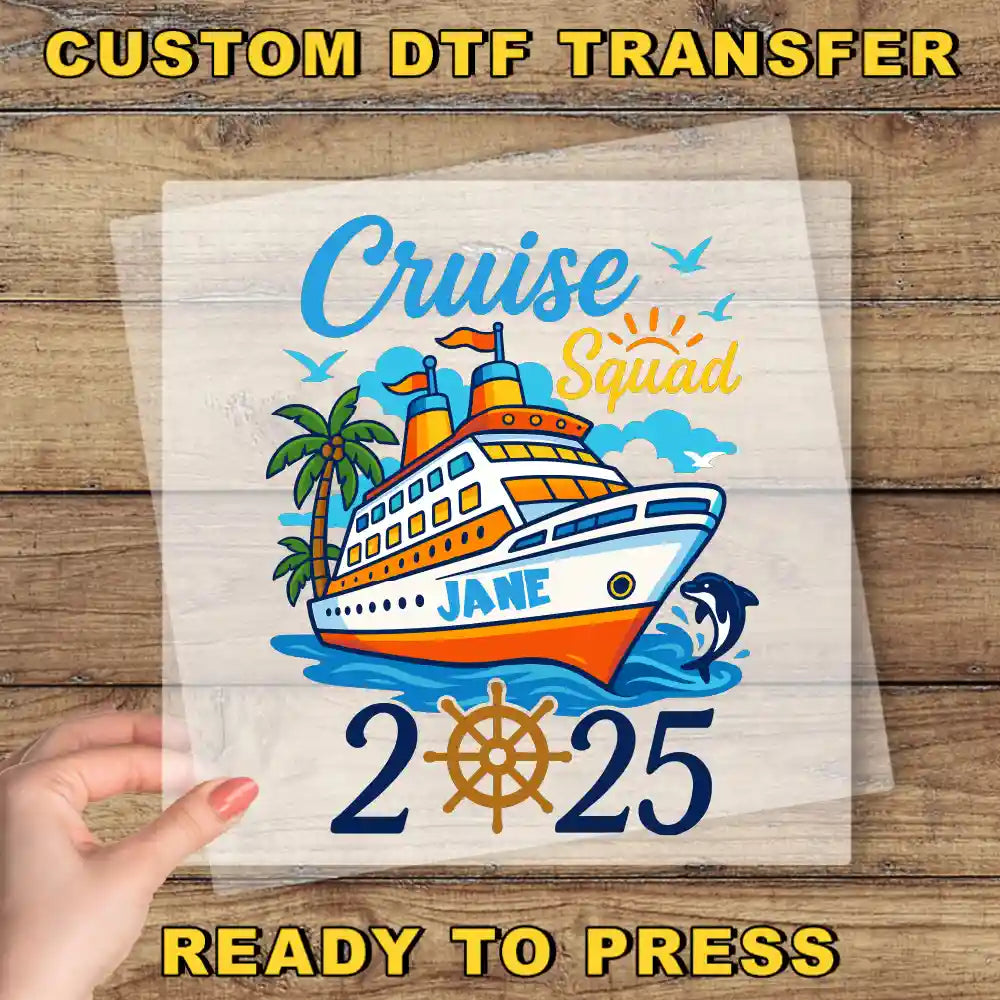 The image is a promotional poster for a cruise ship named "Cruise Squad" named "JANE" and is dated "2.25". The poster features a hand holding a transparent sheet with the cruise ship illustration and the text "Ready to Press".