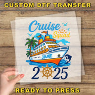 The image is a promotional poster for a cruise ship named "Cruise Squad" named "JANE" and is dated "2.25". The poster features a hand holding a transparent sheet with the cruise ship illustration and the text "Ready to Press".