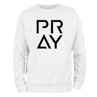 a white sweatshirt with the word pray printed on it