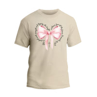 a t - shirt with a pink bow on it