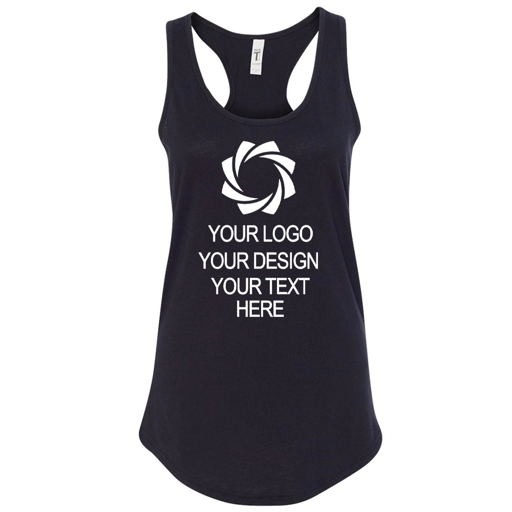 a women's black tank top with a white logo