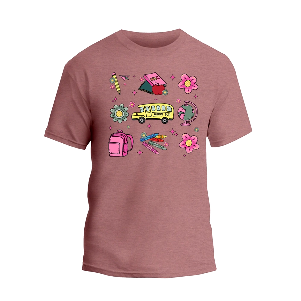 a pink t - shirt with a bunch of different items on it