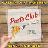 The image is a promotional poster for a pasta club, featuring a hand holding a transparent sheet with a picture of spaghetti and a fork. The text on the poster reads "Pasta Club" and "Everyday All Day", indicating that the club offers daily pasta meals.