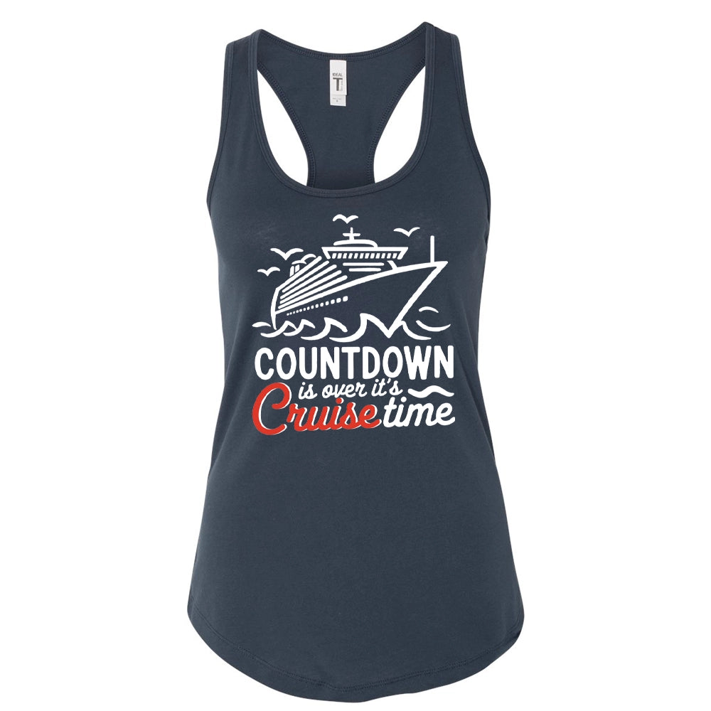 a navy blue tank top with a graphic design depicting a cruise ship and the text "Countdown is over, it's Cruise time" printed on it.