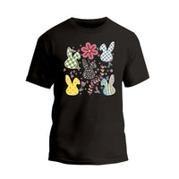 a black t - shirt with an image of a group of easter bunnies