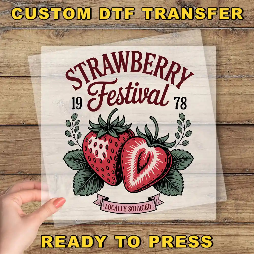 The image is a promotional poster for the Strawberry Festival, featuring a hand holding a transparent sheet with the festival's logo and text.