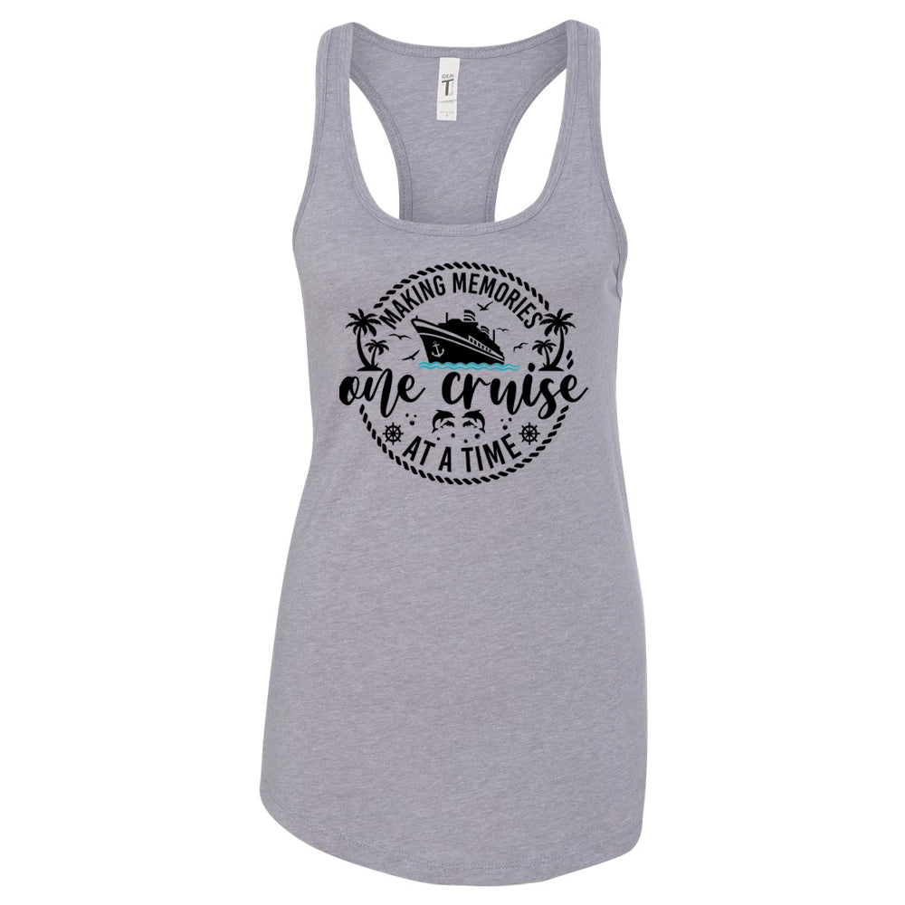 A gray tank top with a graphic design featuring a cruise ship and the text "Making memories one cruise at a time".