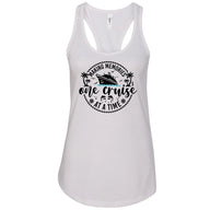 A white tank top with a graphic design featuring a cruise ship and the text "Making memories one cruise at a time".