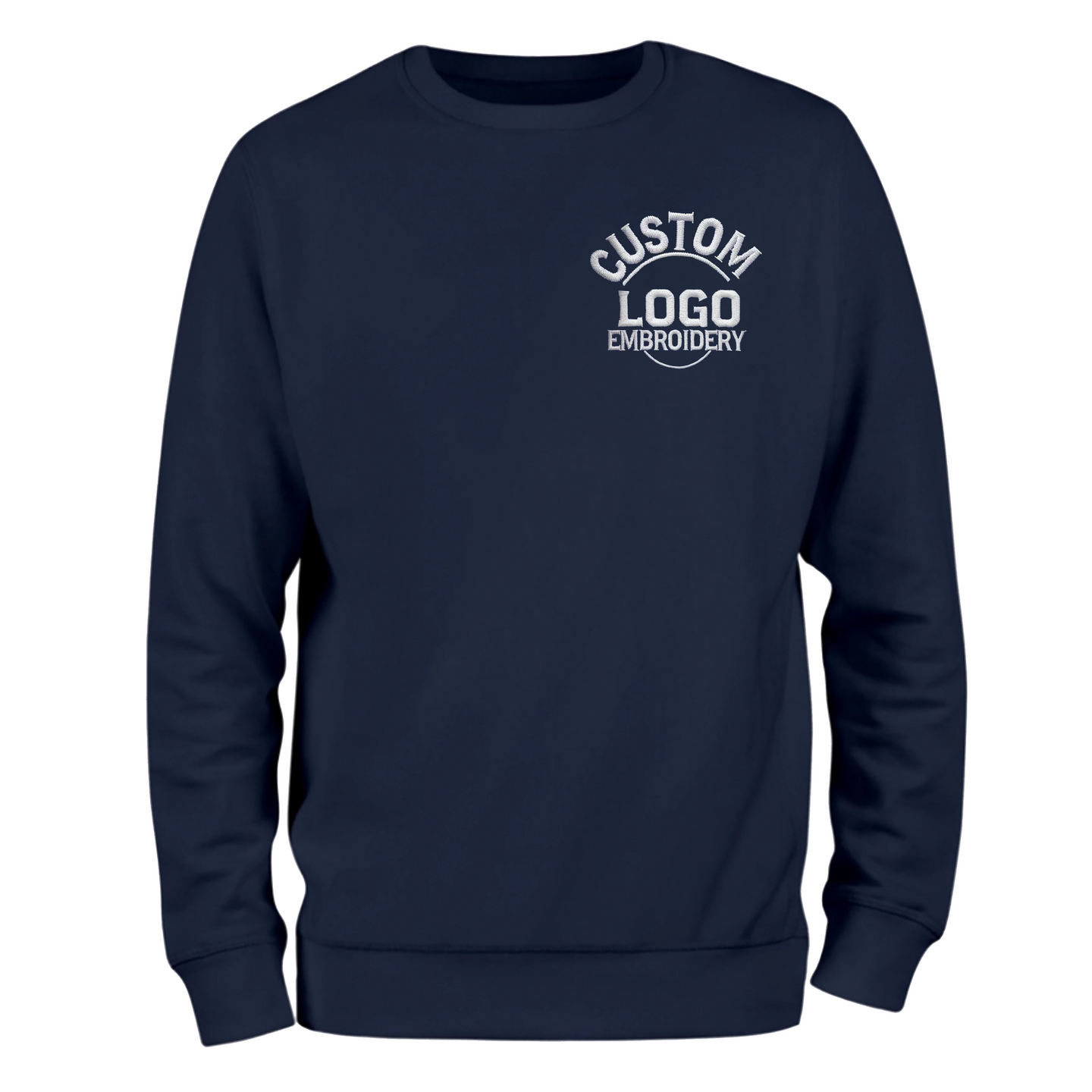 a navy sweatshirt with a custom logo on it
