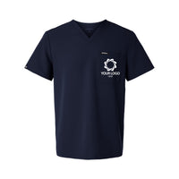 a navy shirt with a white logo on the chest