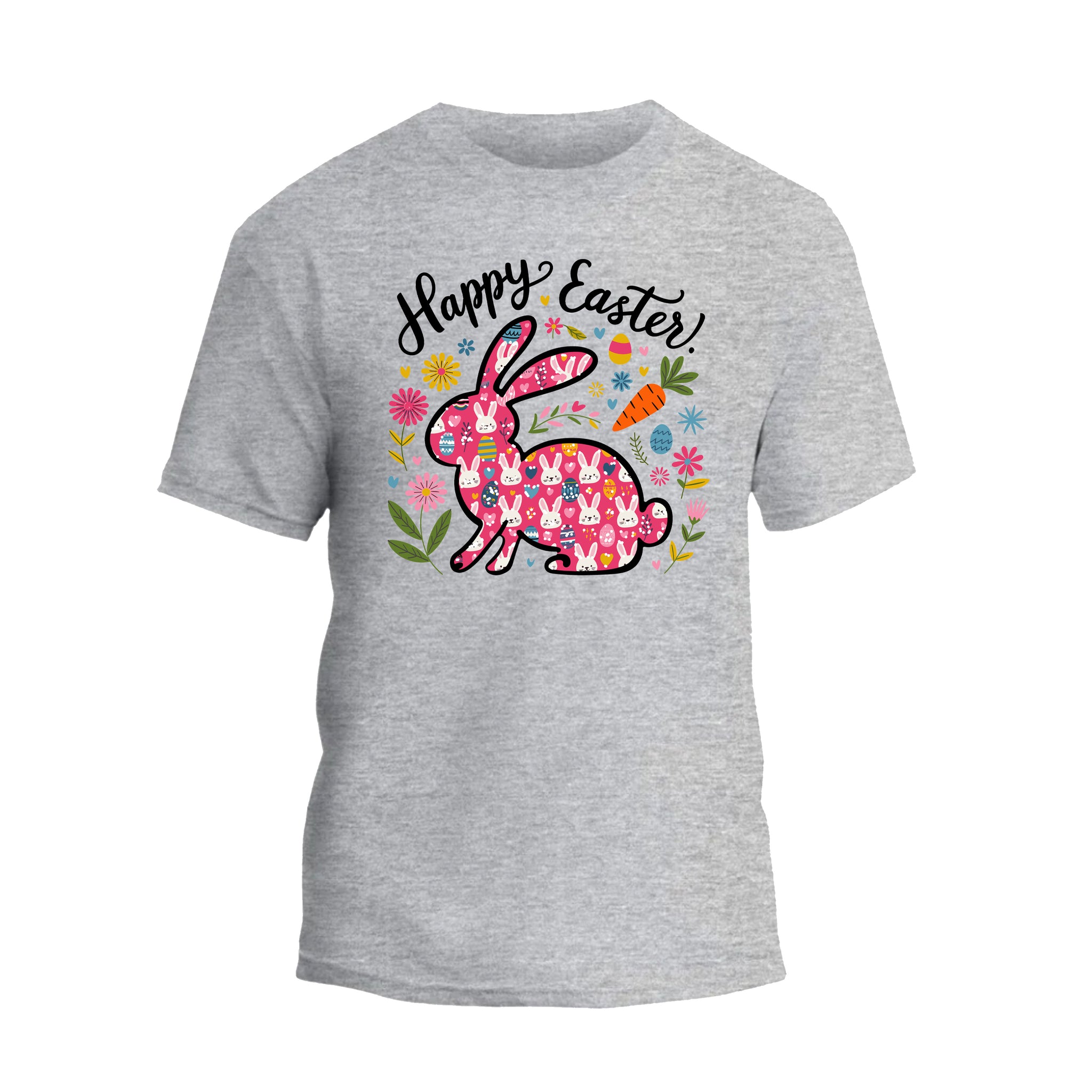 a gray t - shirt with a bunny on it that says happy easter