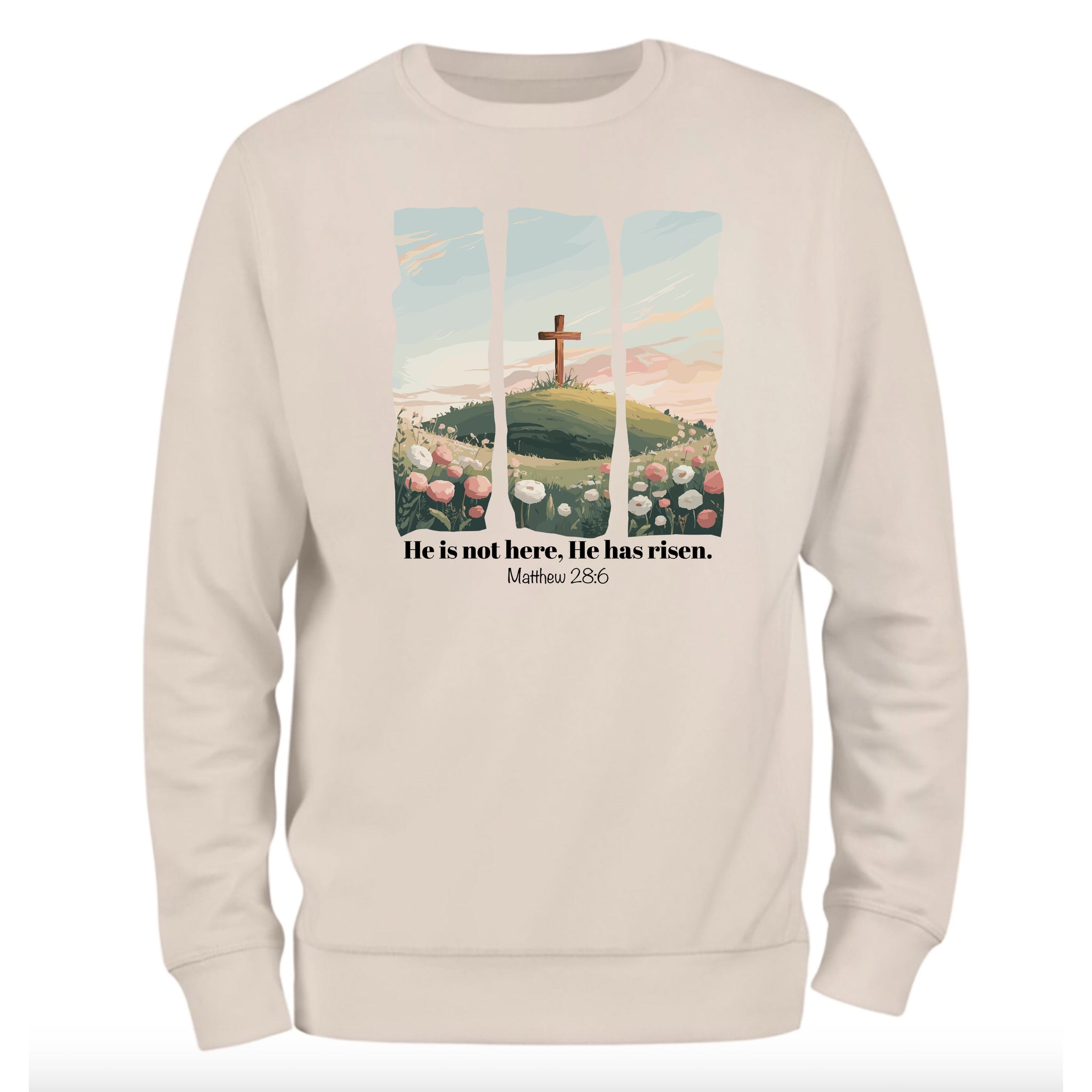 a white sweatshirt with a cross on it
