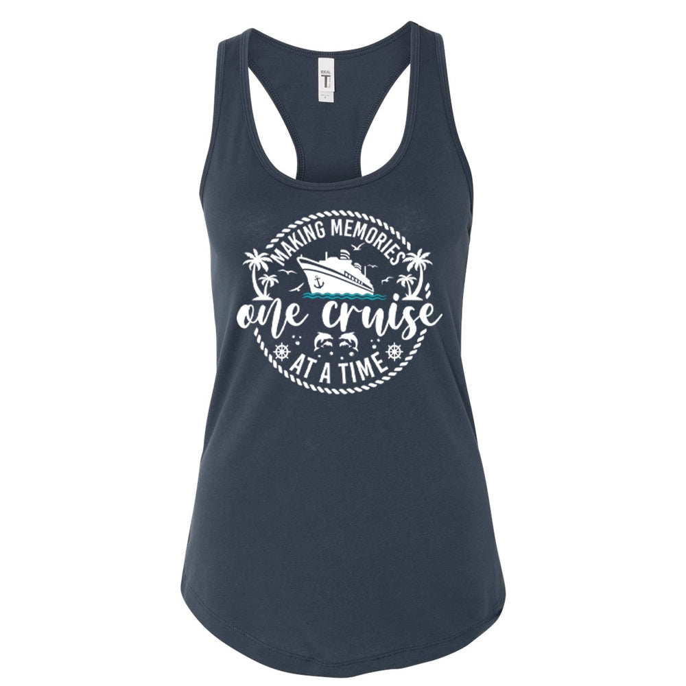 A navy blue tank top with a graphic design featuring a cruise ship and the text "Making memories one cruise at a time".