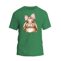 a green t - shirt with a picture of a rabbit wearing a bow