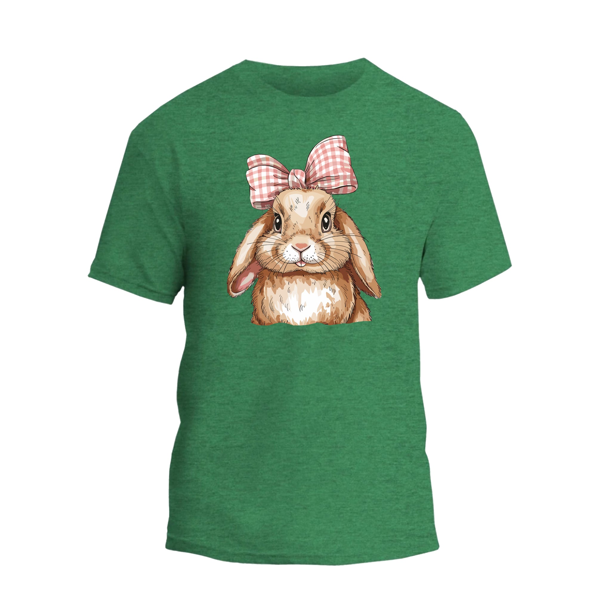 a green t - shirt with a picture of a rabbit wearing a bow