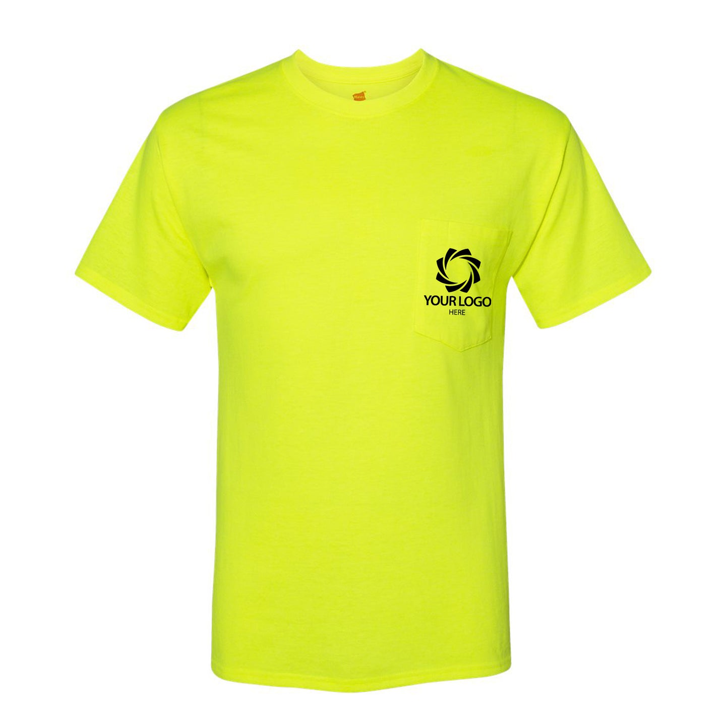 a neon yellow t - shirt with a black logo on the chest