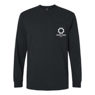 a black long sleeve shirt with a white logo on the chest