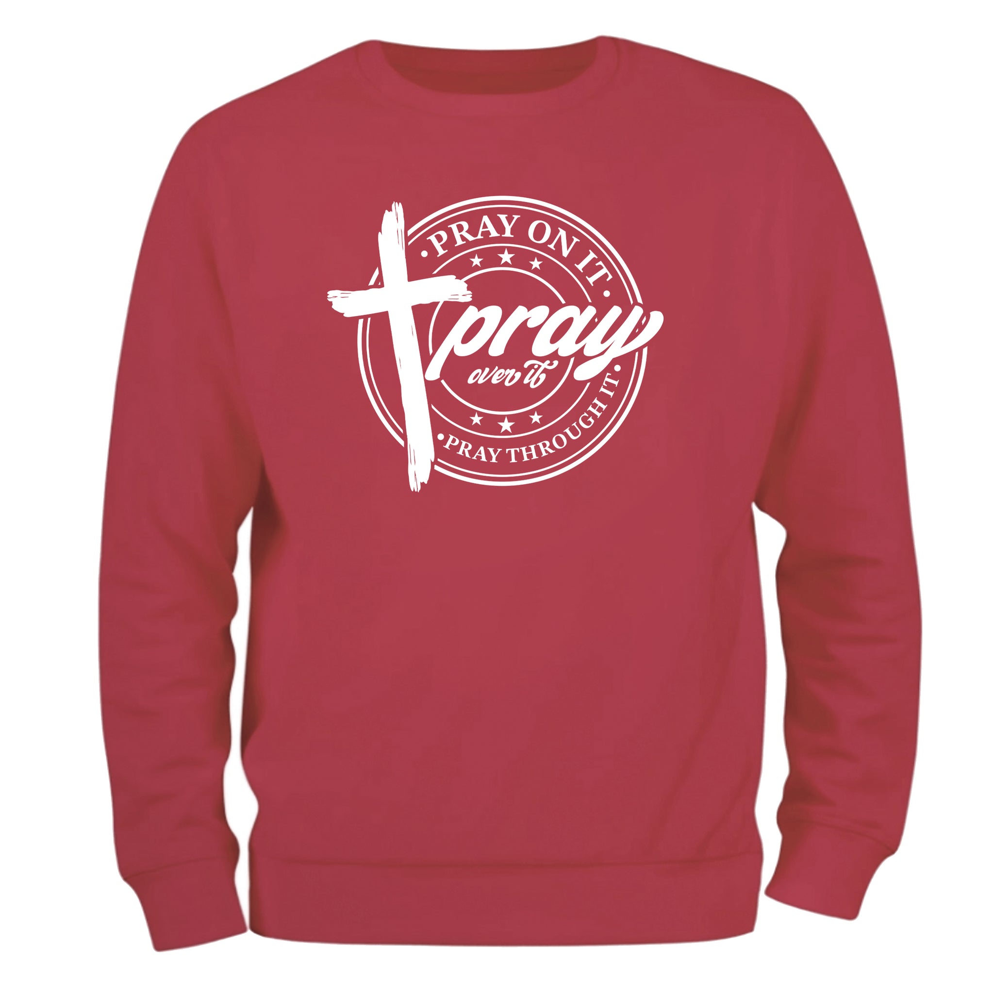 a red sweatshirt with the words pray on it