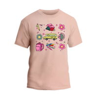 a pink t - shirt with school supplies on it